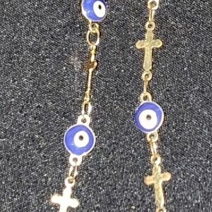 Gold Tone & Blue Evil Eye Cross Necklace